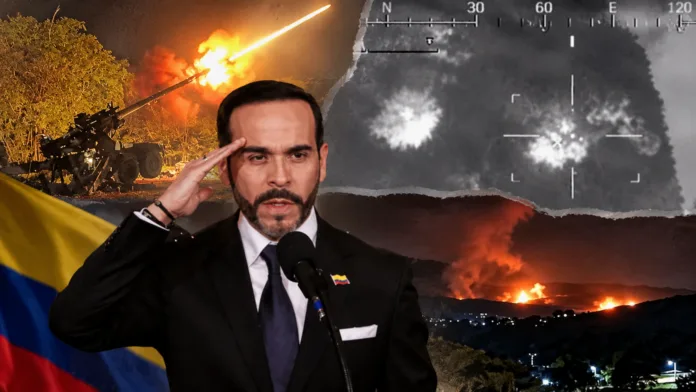 Composición ilustrativa de Abelardo De La Espriella con imágenes de operaciones militares, explosiones y bombardeos.