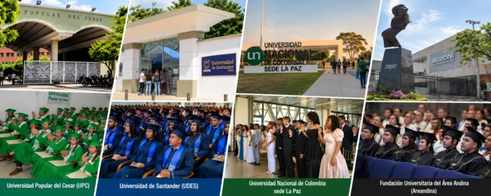 Composición con fachadas y graduados de la UPC, UDES, Universidad Nacional sede La Paz y Areandina, en el Cesar.