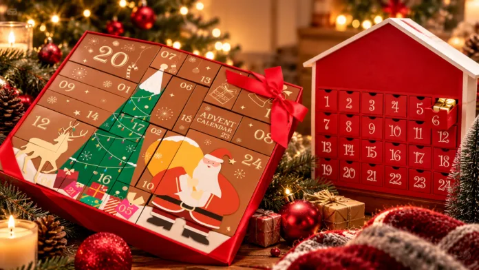 Dos calendarios de Adviento con casillas numeradas, figuras de Papá Noel, regalos y decoración navideña junto a un árbol iluminado.
