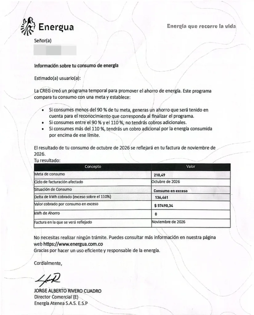 Carta de Energuá enviada a usuarios de Valledupar con información sobre posibles cobros adicionales por superar la meta de consumo eléctrico.