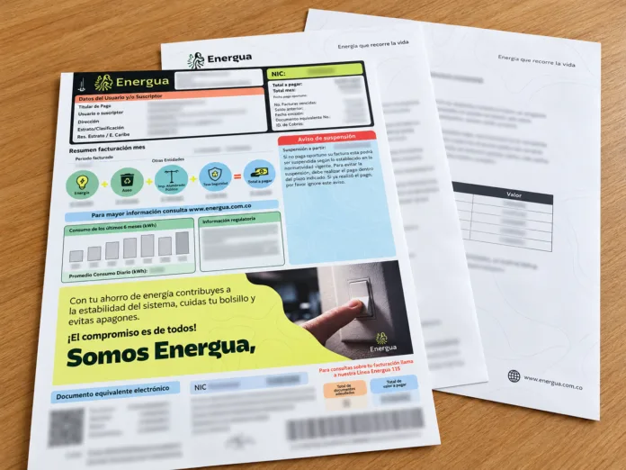 Carta de Energuá junto al recibo de luz en Valledupar, con información sobre posibles cobros adicionales por exceso de consumo eléctrico.