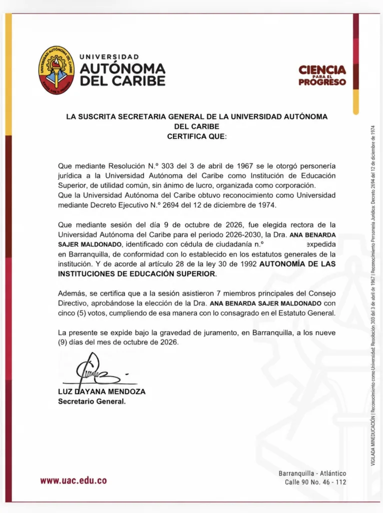 Certificación de la elección de Ana Sajer para la rectoría de Uniautónoma
