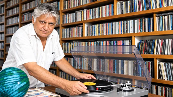 Checho Guerra, hospitalizado en Valledupar, aparece junto a su colección musical y un tocadiscos.