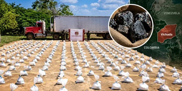 Numerosas bolsas blancas con material incautado, organizadas frente a un camión y un emblema del Ejército Nacional en Vichada.