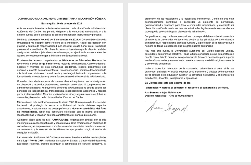Comunicado de Ana Bernarda Sájer sobre la rectoría de Uniautónoma y su decisión de acatar el reconocimiento de Jorge Senior.