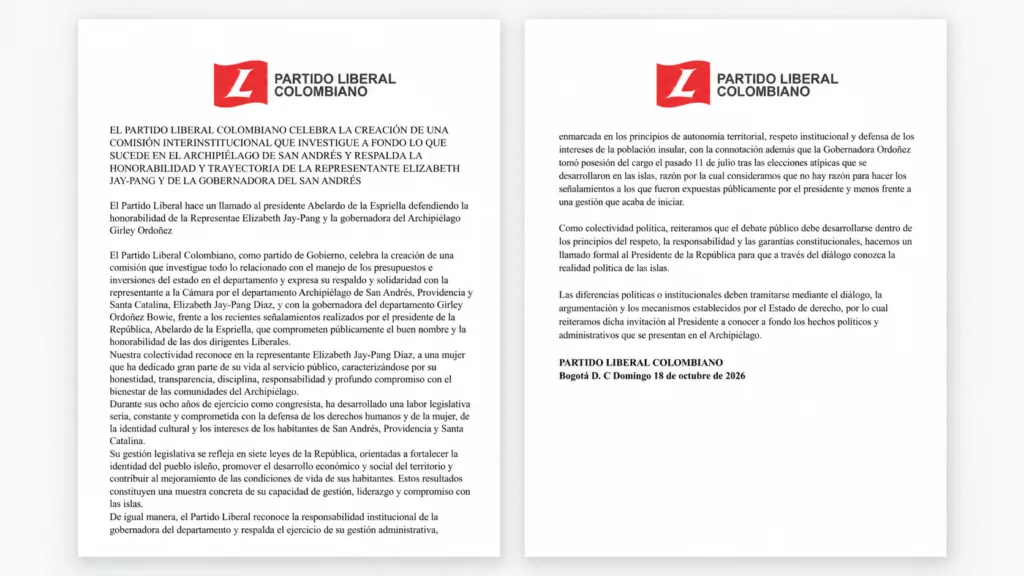 Comunicado del Partido Liberal en defensa de la gobernadora Girley Ordóñez y la congresista Elizabeth Jay-Pang.