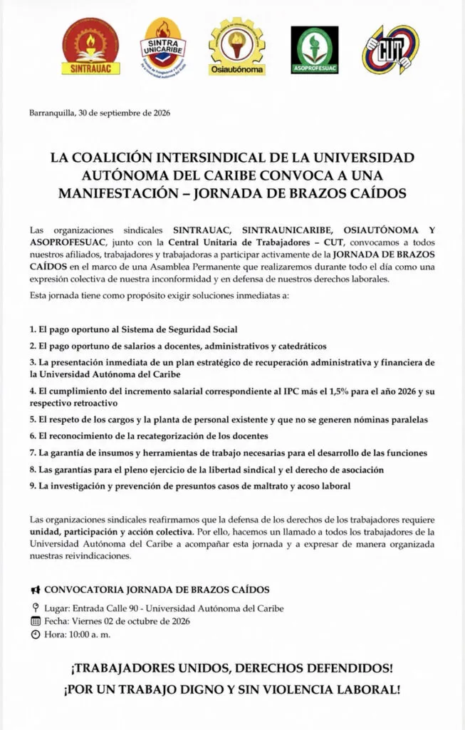 Comunicado sindical previo al embargo a favor de Gette en Uniautónoma