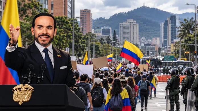 Abelardo de la Espriella ante una marcha de manifestantes y presencia policial, en una composición sobre las marchas del 14 de octubre.