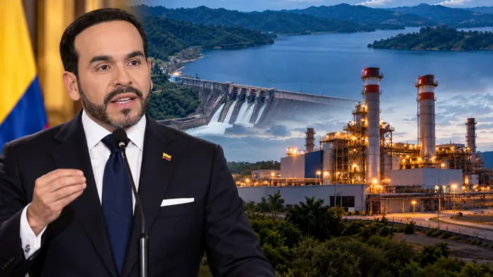 Abelardo de la Espriella junto a una represa hidroeléctrica y una planta térmica ante el riesgo de apagón en Colombia.