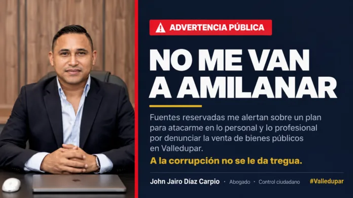 Díaz Carpio denuncia presunto plan en su contra. Composición con su retrato y el comunicado «No me van a amilanar».