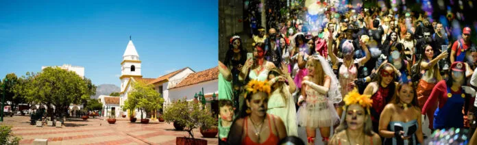 Composición ilustrativa de Valledupar y una multitud de personas disfrazadas durante una celebración de Halloween.