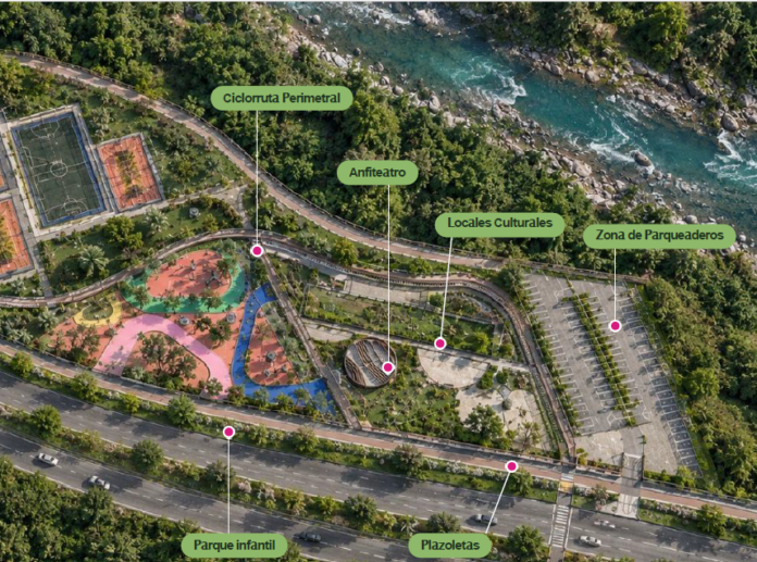 Render del Ecoparque del Guatapurí con cicloruta, anfiteatro, parque infantil y locales culturales.