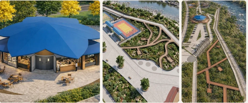 Render del Ecoparque del Guatapurí con cicloruta, anfiteatro, parque infantil y locales culturales.