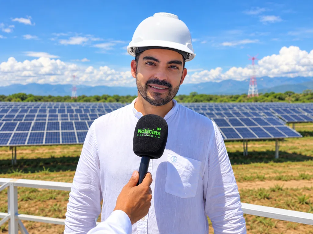 Eduardo Andrés Ospina Serrano, gerente y cofundador de Unergy, entrevistado frente a paneles solares durante el recorrido por las granjas solares de Unergy en el Cesar.