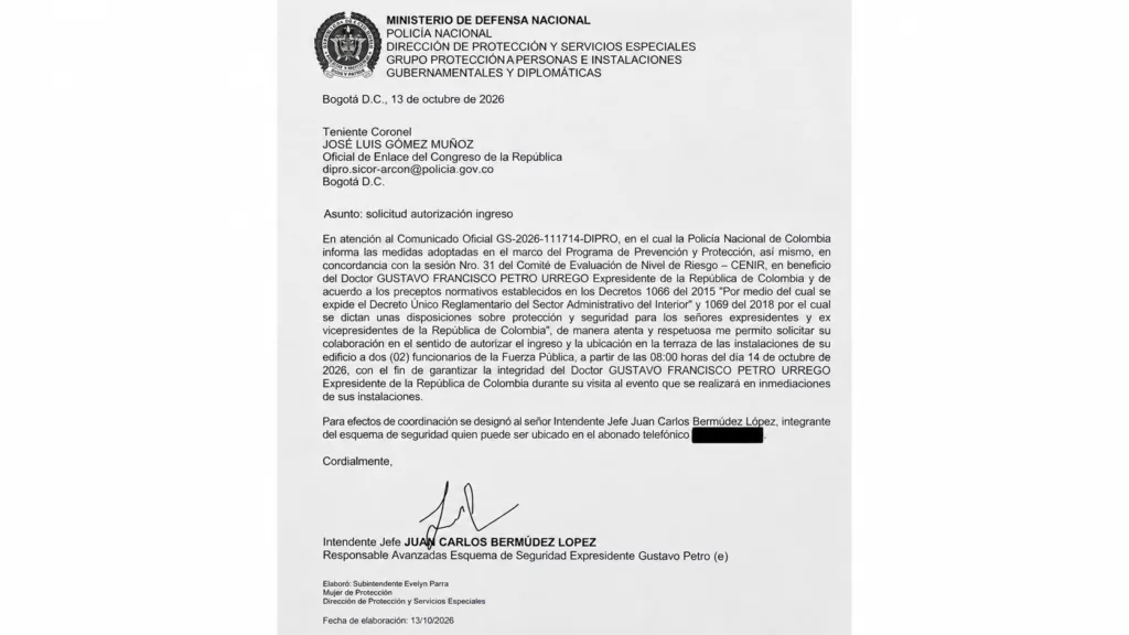 Documento del esquema de seguridad de Petro que solicita ubicar dos integrantes de la Fuerza Pública en la terraza del Congreso el 14 de octubre de 2026.