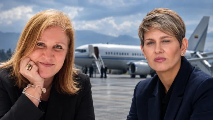 Eva Ferrer señala a Alcocer por presuntas operaciones con drogas, dólares de Venezuela y uso de vuelos oficiales. Composición con ambas mujeres y una aeronave.