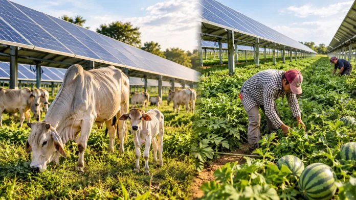 Granjas solares de Unergy en el Cesar: recreación de ganado cebú con terneros y cultivos de patilla entre paneles solares.