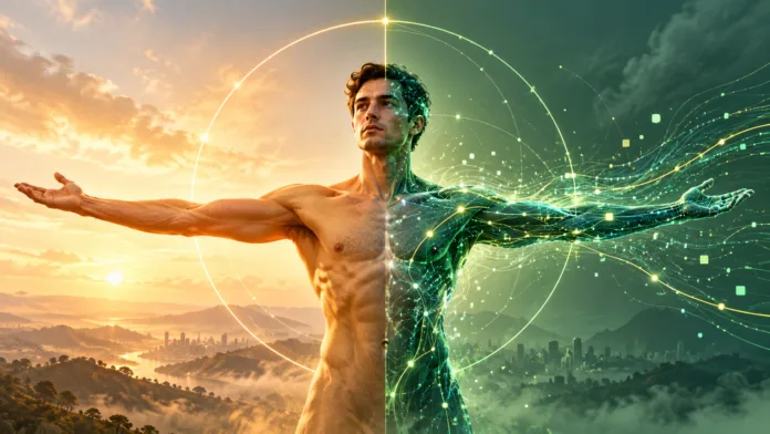 Ilustración sobre inteligencia artificial en Valledupar: figura con brazos extendidos, mitad humana y mitad circuitos digitales.