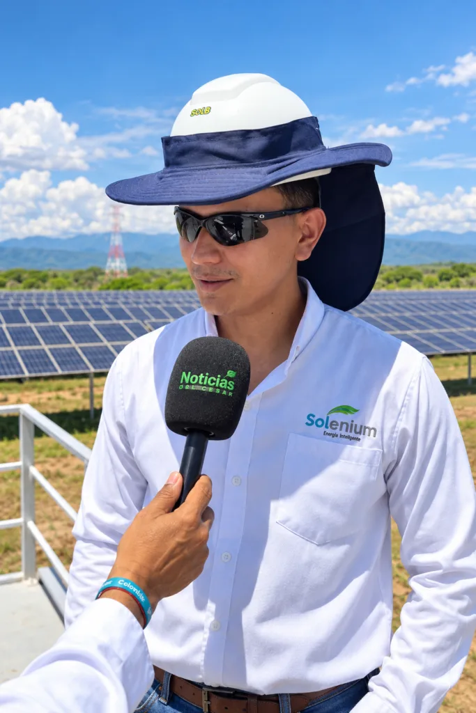 Juan Pablo Arias Castilla, ingeniero mecatrónico, entrevistado por Noticias del Cesar frente a paneles solares durante el recorrido por las granjas solares de Unergy en el Cesar.