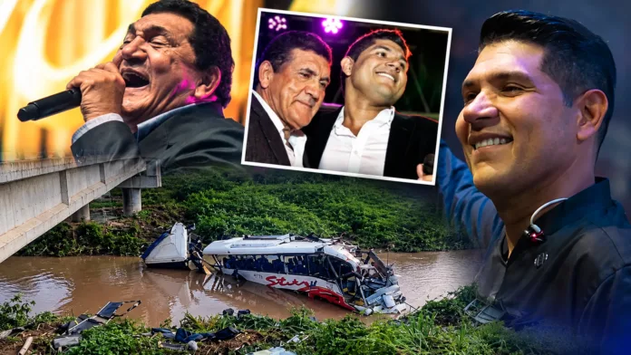 Montaje de Poncho Zuleta y Kbeto Zuleta junto al bus accidentado en el río Ariguaní.