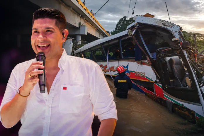 Composición ilustrativa de Kbeto Zuleta junto a una imagen del bus de su agrupación accidentado en el río Ariguaní.