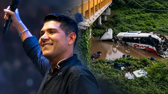Montaje editorial de Kbeto Zuleta junto a una imagen del bus accidentado en el río Ariguaní.