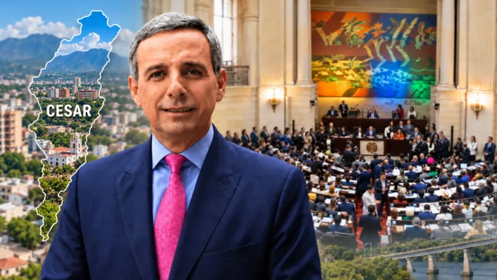 Abelardo de la Espriella, Congreso de Colombia y mapa del Cesar en ilustración sobre la Ley de Rescate Económico.