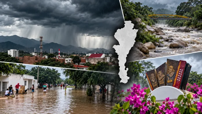 Composición ilustrativa sobre las lluvias en Cesar, con tormentas en Valledupar, calles inundadas y el río Guatapurí.