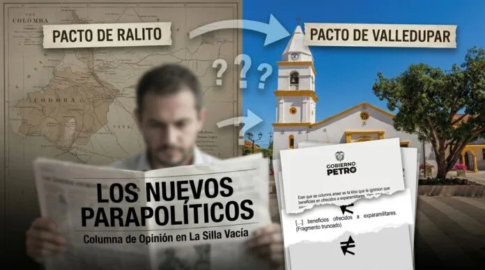 Primer plano de una persona leyendo un periódico titulado Los Nuevos Parapolíticos, con un montaje de fondo que compara el Pacto de Ralito y el Pacto de Valledupar junto a la Iglesia de la Inmaculada Concepción.