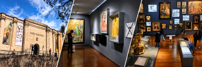 Composición gráfica de la fachada y dos salas de exhibición del Museo Nacional de Colombia.