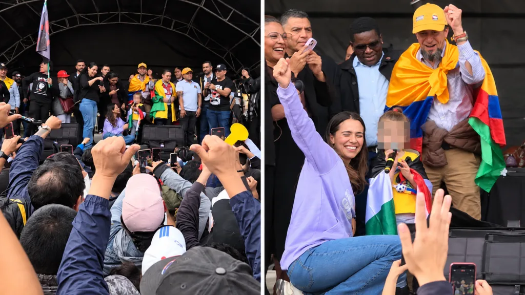 Niña con Mafe Carrascal en una composición de dos escenas de la manifestación en Bogotá, con la menor en la tarima y su rostro pixelado.