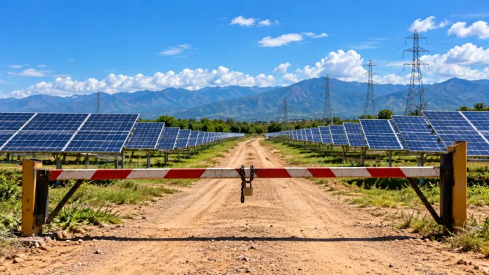 Composición simbólica de una barrera cerrada frente a paneles solares que representa los obstáculos de la energía solar en el Cesar.
