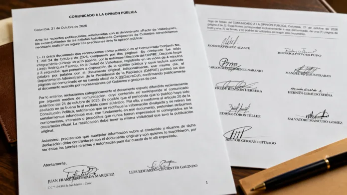 Pacto de Valledupar: representación del comunicado en el que 11 exparamilitares desconocen el documento divulgado por La FM.
