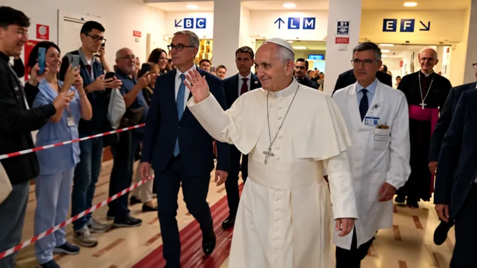 Papa León XIV saluda durante su salida del hospital Gemelli de Roma tras una cirugía de pulmón.