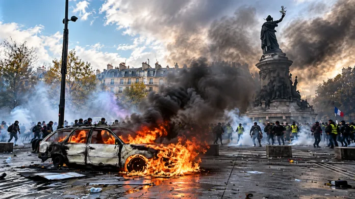 Protestas en Francia, ilustración de un automóvil incendiado entre manifestantes y columnas de humo en París.