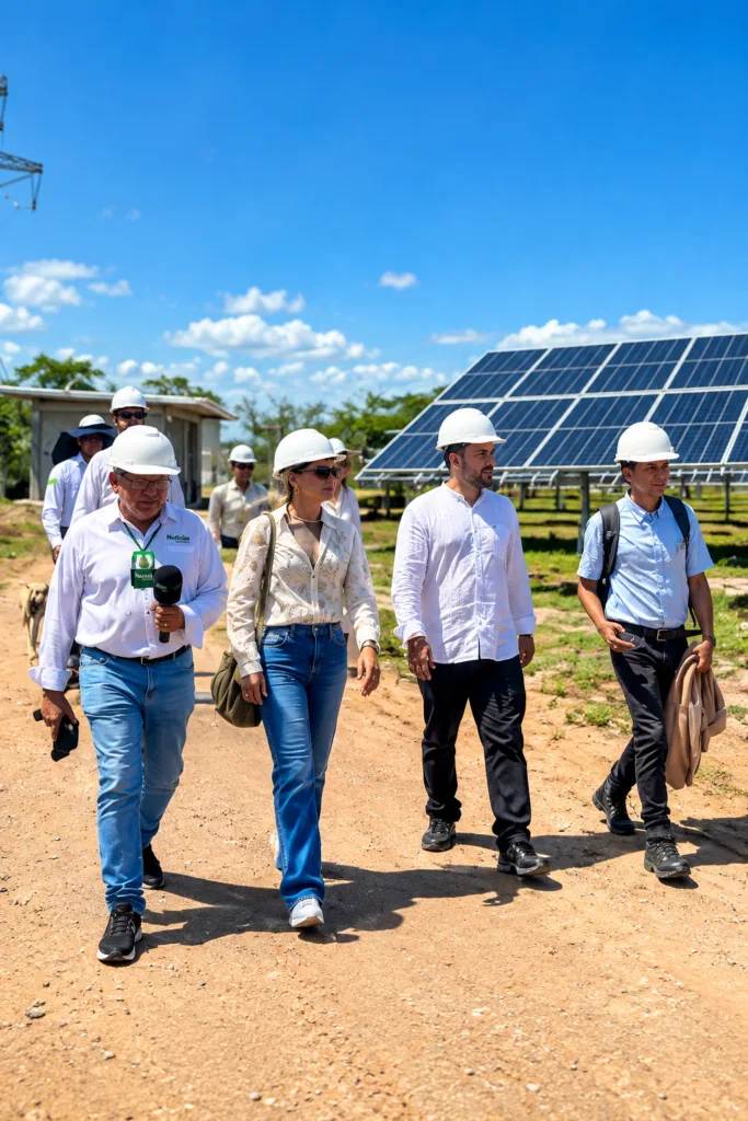 Energía solar en el Cesar: recorrido de Noticias del Cesar y representantes del sector por una granja solar de La Paz, con paneles fotovoltaicos al fondo.