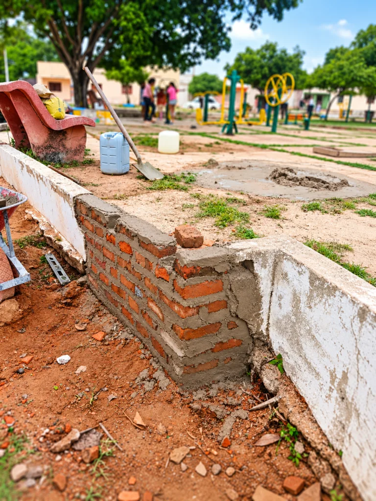 Muro de ladrillos reparado con cemento durante la recuperación comunitaria del parque de La Junta.