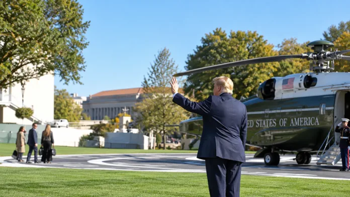 Saludo de Trump con la mano levantada junto al helicóptero presidencial Marine One en la Casa Blanca.