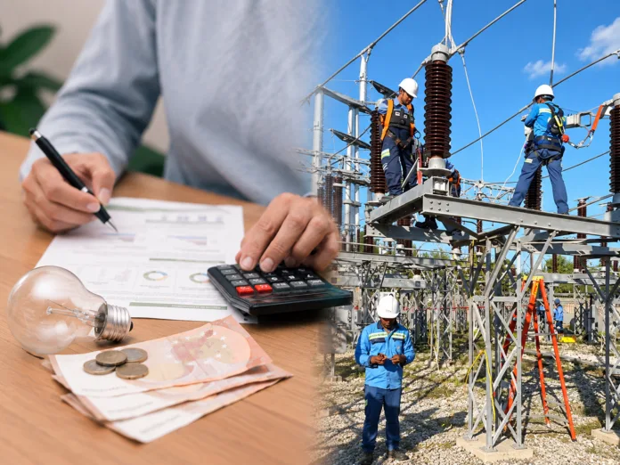 Composición sobre tarifas de energía en el Caribe con factura eléctrica y trabajadores en una subestación.