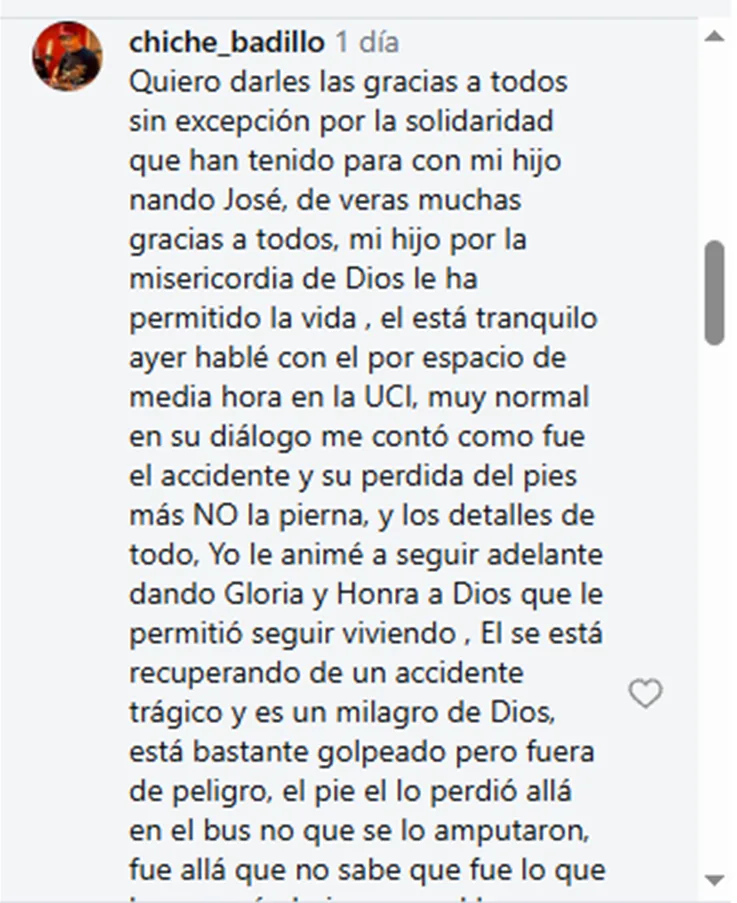 Chiche Badillo aclara que Nando perdió un pie y no la pierna