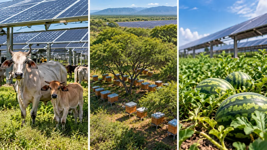 Minigranjas solares de Unergy en el Cesar: ganadería bajo paneles, apicultura entre árboles y cultivos de patilla.