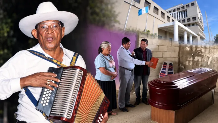 Abel Antonio Villa con su acordeón junto a una composición del velorio en Guatemala y la sede del Ministerio Público que investiga el caso.