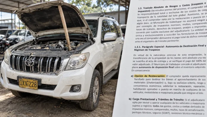 Venta de bienes en Valledupar: composición editorial de una Toyota Prado con el capó abierto y el proyecto de pliego que contempla su restauración.