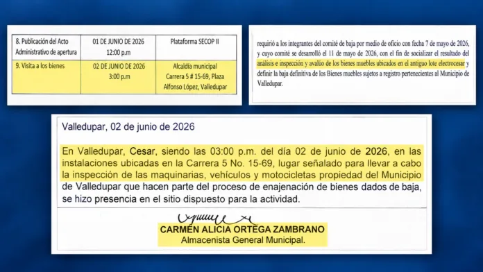 Venta de bienes en Valledupar: documentos muestran la visita programada en la Alcaldía, la ubicación de los activos en el lote Electrocesar y la constancia de la almacenista.